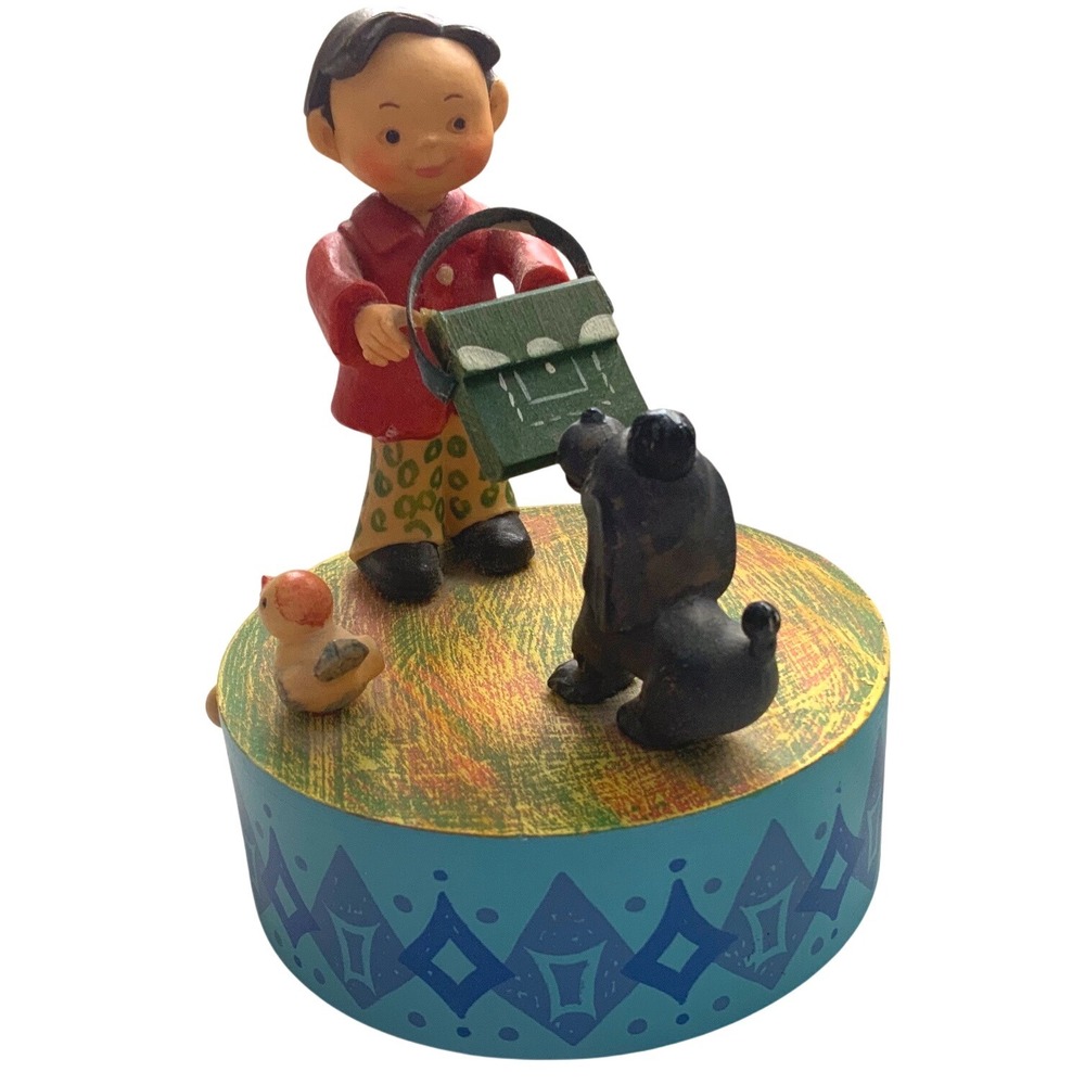 Vintage ANRI Wood Music Box Boy Feeding Dog Bird Hand Painted Italy 6"